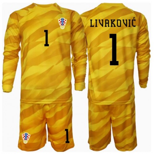 Fotbalové Dres Chorvatsko Dominik Livakovic #1 Brankářské Dětské Domácí ME 2024 Dlouhý Rukáv (+ trenýrky)